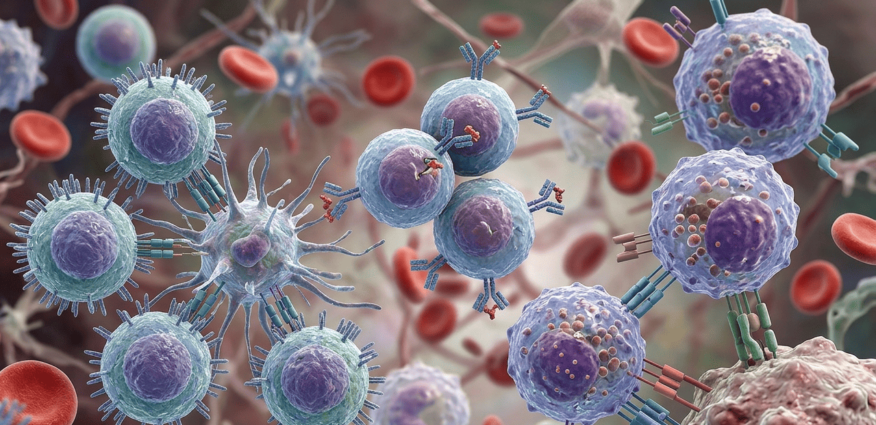 Illustration of T cells, B cells and natural killer cells in blood