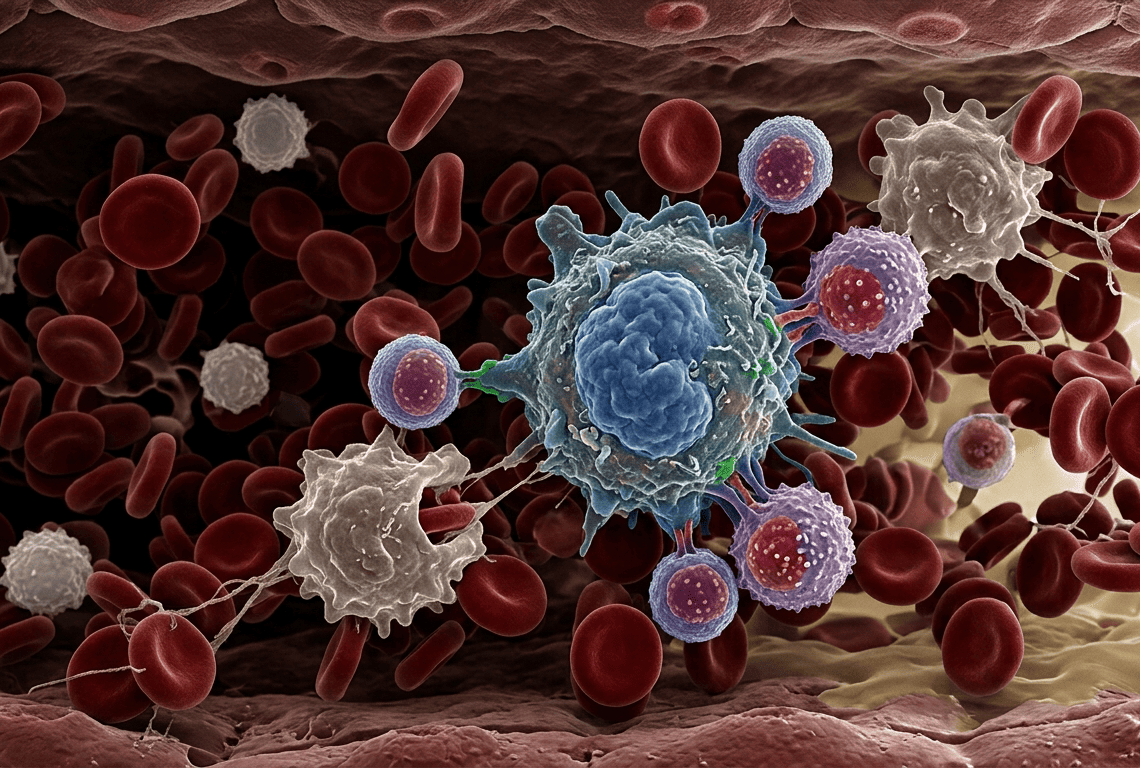 Illustration of a circulating tumor cell surrounded by immune cells in a blood vessel