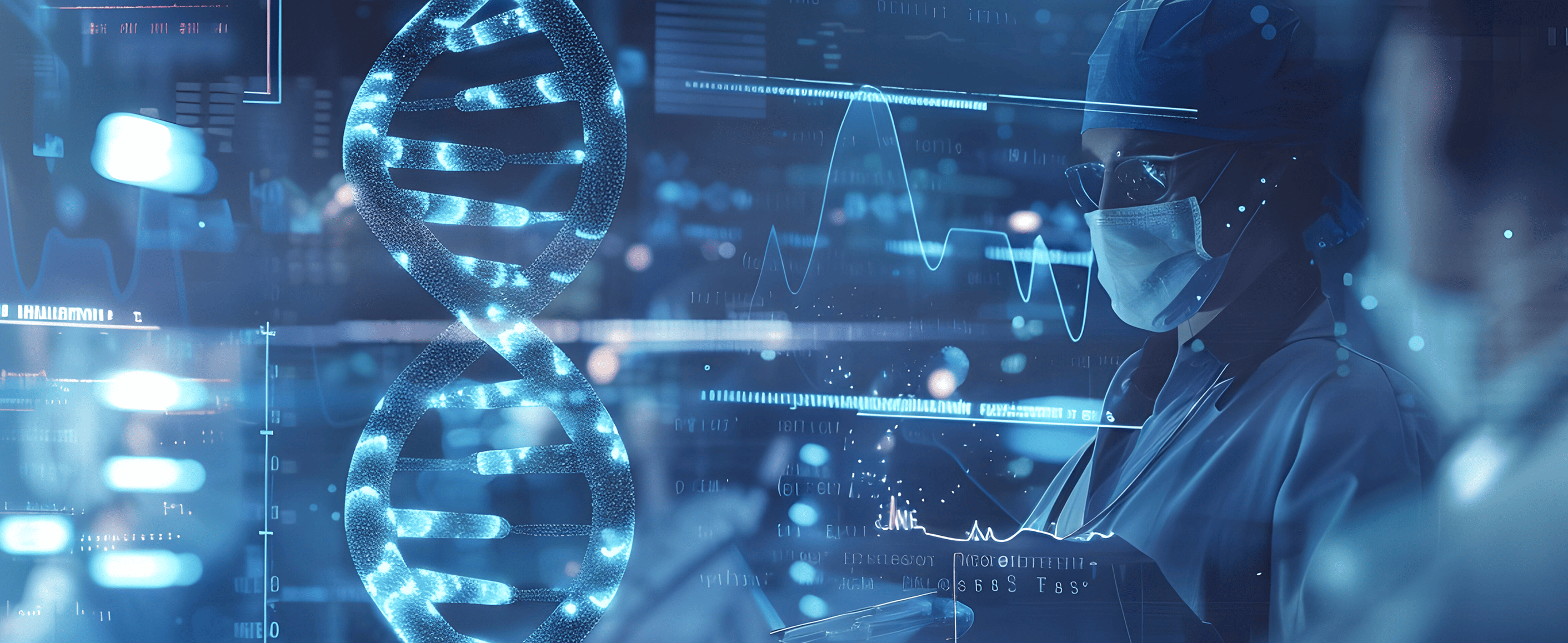 Biomedical researcher reviewing DNA data analysis